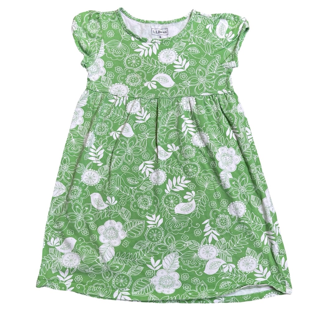 LL Bean Girls Green Floral Bird Print Short Sleeve Casual 100% Cotton Dress 8‎
